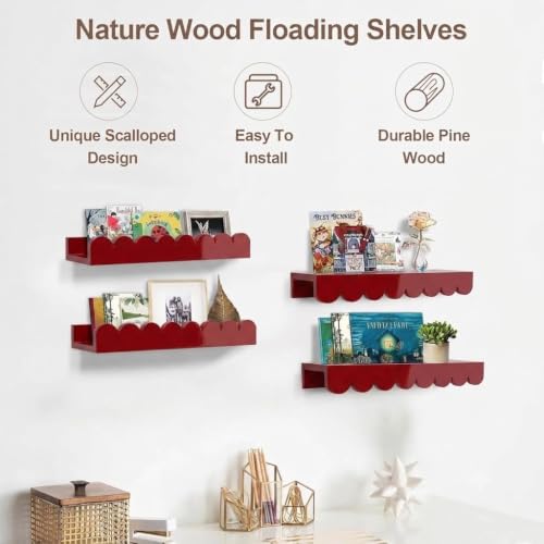 Image of Scalloped Shelves for Nursery - Wall Book Shelves for Bedroom Kids, Nursery Bookshelf for Wall Set of 4, Floating Book Shelves Solid Wood,18 Inch (Red)