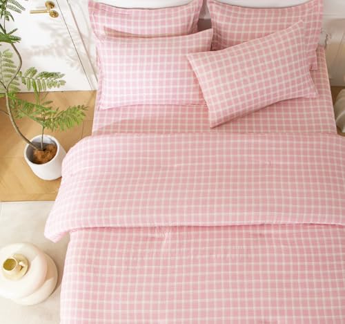 SDY 7PCS Pink Checkered Bedding Set Queen, Cute Washed Microfiber Gingham Bedding Sheet Set for Kids Boys and Girls with Comforter, Flat Sheet, Fitted Sheet and Pillowcases & Shams