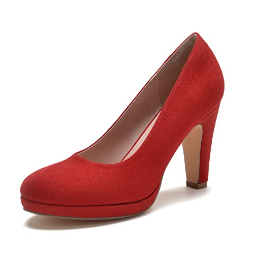 WuORWu Women's Round Toe Low Platform High Heel Pumps