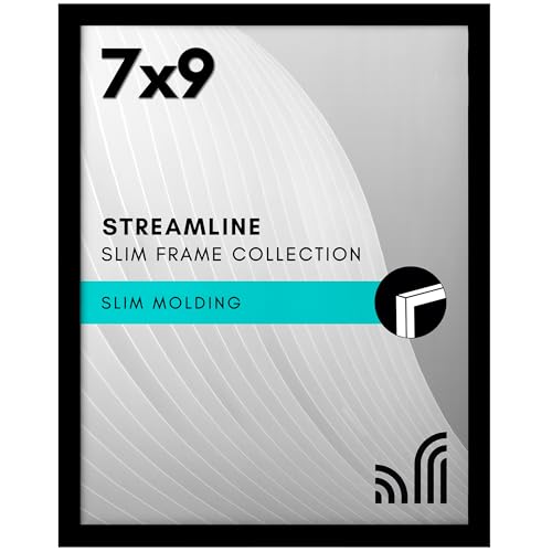 Americanflat 7x9 Picture Frame with Shatter-Resistant Glass - Streamline Collection - Thin Border Photo Frame for Tabletop and Wall Display - Hanging Hardware and Easel Stand Included - Black
