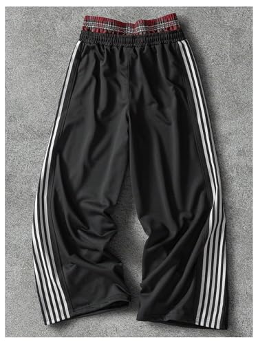 GORGLITTER Men's Double Waisted Sweatpants Baggy Y2K Plaid Patchwork Side Striped Wide Leg Track Pants2