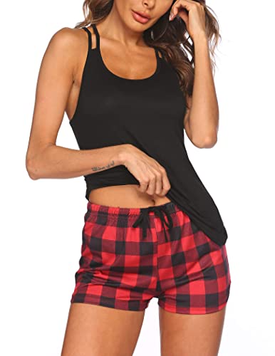 Ekouaer Womens Cami Pajama Set Sleeveless Racerback Tank Top Pjs Soft Sleepwear Red Plaid X-Large