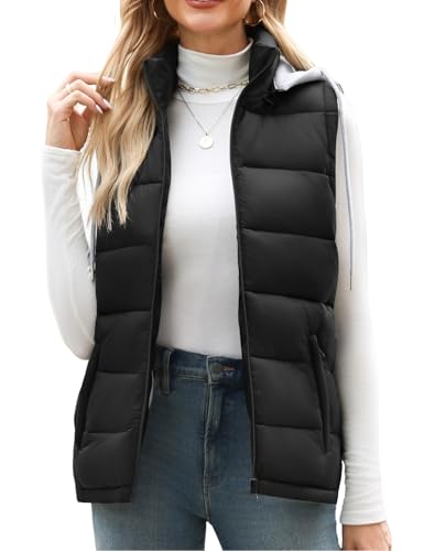 Tuopuda Damen Weste Steppweste Westen Ärmellos Jacke Herbstmantel Damen Kurz Outdoor Vest Gilet mit Kapuze und Taschen(Schwarz,M)