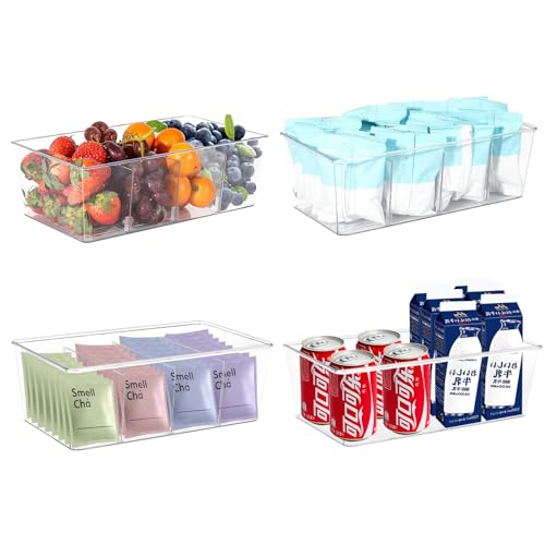 Cinnani Contenedores de Almacenamiento de Alimentos- Juego de 4,Organizador Apilable,Organizador Nevera con Separadores Extraíbles y 4 Compartimentos de Plástico,sin BPA (Transparente)