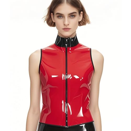 Women's Red Sleeveless Latex T-Shirt with Front Zipper,Shaping Casual Latex Tank Tops,for Novelty Club Wear