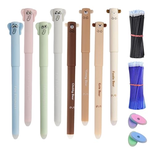 GZGXKJ 8pcs Erasable Pens Animals 0.5mm Rub Out Pen Erasable Pen Cartoon Friction Pens with 40 Refills and 4 Erasers Suitable for Office Supplie Student Stationery