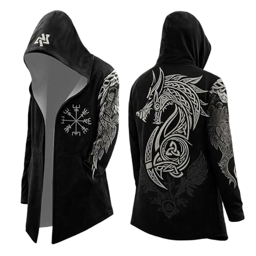 Generisch Chaqueta de motorista para hombre, poncho vikingo, suéter de longitud media, sudadera con capucha 3D, estampado Odin Mythos, capas medievales, cosplay, disfraz, sudadera con capucha, T1