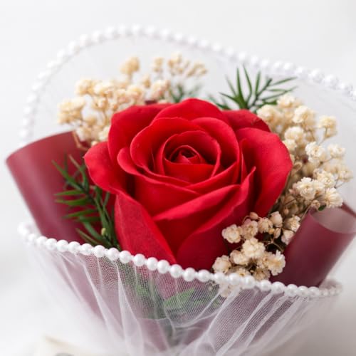 Image of Mini Artificial Red Rose Bouquet for Gifting, Pearl Net Wrapped Flower with inchJust for You inch Ribbon, for Mom, Anniversary, Birthday, Proposal, Desk & Home Decor (Red)