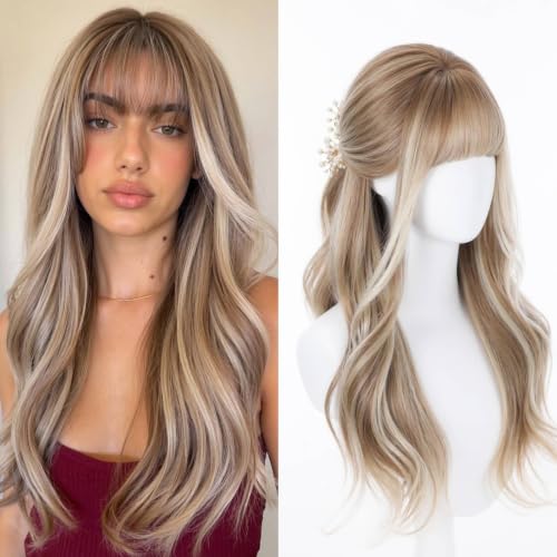 SHINEDIARY Wigs 24'' Long Wavy Wig With Bangs,3x4'' Parting Realistic Scalp,PuffPro Voluminous High Crown Wigs for Women,Clean Girl Aesthetic/Office Siren Versatile Styles(Ash Linen Balayage)