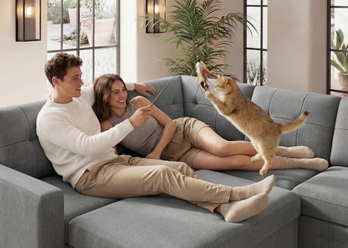 Image of HONBAY 83.4 Inch U-Shaped Sectional Sleeper Sofa with Pull-Out Bed, 5-Seater Sectional Sofa for Living Room, Pet-Resistant Fabric Couch, Grey