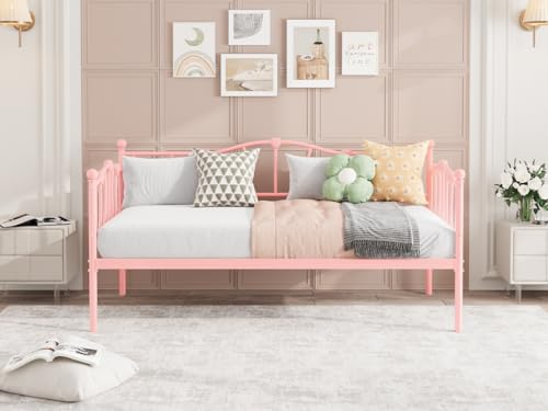 Image of GarveeHome Twin Size Daybed Frame, Metal Platform Sofa Bed with Stylish Headboard, Heavy Duty Steel Slat Support, Space Saving for Living Room /Bedroom /Guest Room, No Box Spring Needed, Pink