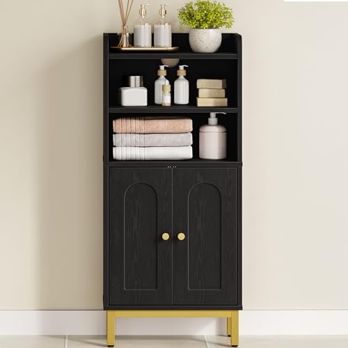Hzuaneri Meuble de Salle de Bain, Armoire de Salle de Bain, Meuble de Rangement avec 2 Portes, avec Compartiment Ouvert, Étagères Réglables, 20 x 37 x 84 cm, Noir/Doré BC48204G