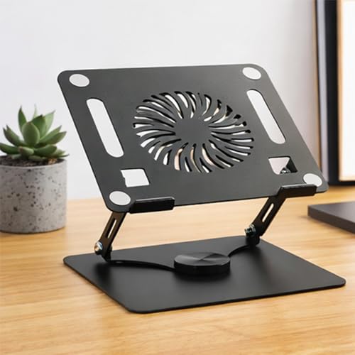 Image of EYUVAA LABEL Metal Laptop Stand with Cooling Fan & RGB Light | 360 Rotation with Adjustable Height, Compatible with 10-17 inch Laptops Stand for Gaming, Table, Office (Black)