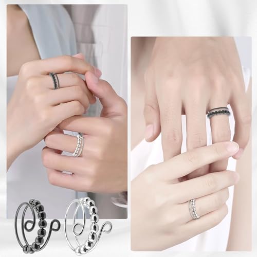 Angst Halskette,mit Ringen Rauchen Aufhörhilfe Rauchen Aufhör Ringe Panikattacken Hilfe Anti Stress Ring Atemkette für Männer und Frauen Meditationshilfe Stressabbau (Schwarz und Silber)