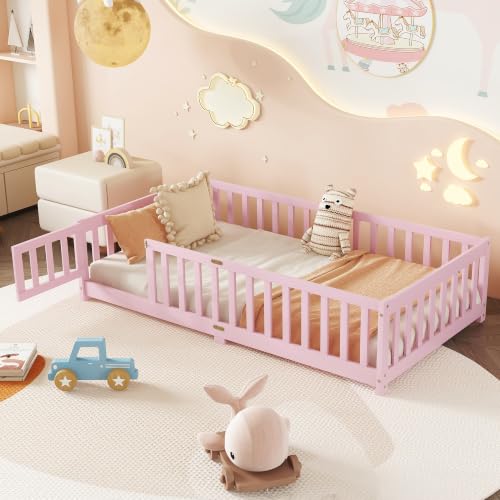 Twin Size Floor Bed with Slats, Door and Guardrails, Kids Floor Bed, Pink by Bellemave - Image 2