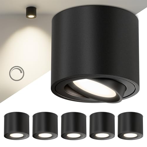 Scandinavian home LED Aufbauspot 6er Set inkl. LED Modul 230V Dimmbar Warmweiß 3000K 470lm CRI 90+ I Deckenspots Aufputz Ø80x65mm I Spots Deckenleuchte Flach I Aufbaustrahler Schwarz