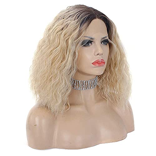 Pinkshow Ombre Blonde Lace Front Wig Bob Curly Golden Hair Wig Dark Root Heat Resistant Hair for Fashion Women Shoulder Length 14 Inch Wig