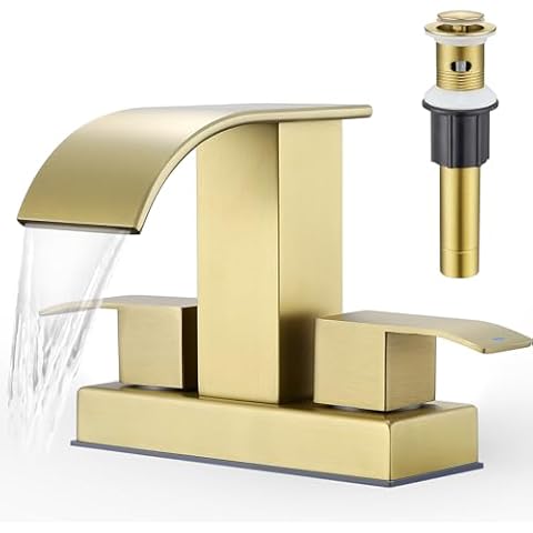 TIORIY Bathroom Sink Faucet with Drain, 2 Handles Bathroom Centerset Faucets for Bathroom Sink 2 or 3 Hole, Waterfall Bathroom Faucet with Overflow Metal Pop-up Drain, Brushed Gold Cover
