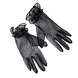 Higohome Women Tea Party Gloves Pleated Ruffle Tulle Prom Ball Gown Accessory Short Wrist Length Tulle Gloves, Black