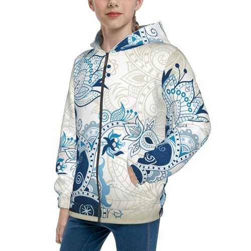 Abstract Blue Floral Kids Pullover Hoodies Boys Zip Up Sweatshirts Girls Athletic Clothes with Pocket - Main Image