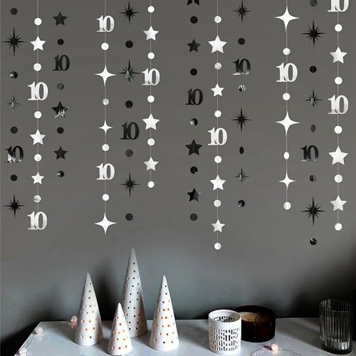 Image of Silver Black 10th Birthday Decorations Number 10 Circle Dot Twinkle Star Garland Metallic Hanging Streamer Backdrop for Girls Boys Double Digits Ten Years Old Birthday 10th Anniversary Party Decor