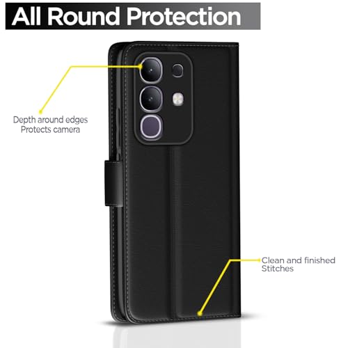 Image of Amazon Basics Flip Cover for Vivo T4x 5G / iQoo Z10x 5G Leather Finish | Wallet Stand and Shock Proof | Inside TPU with Card Pockets | Complete Protection Flip Case(Black)