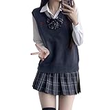 [Qichenk] コスプレ ニットベスト 長袖シャツ スカート 蝶結び 女子高校生 コスプレ 女子制服 学生服 JK制服 学生服 コスチューム 仮装 学園祭 文化祭 卒業式 入学式 darkgrey-A S