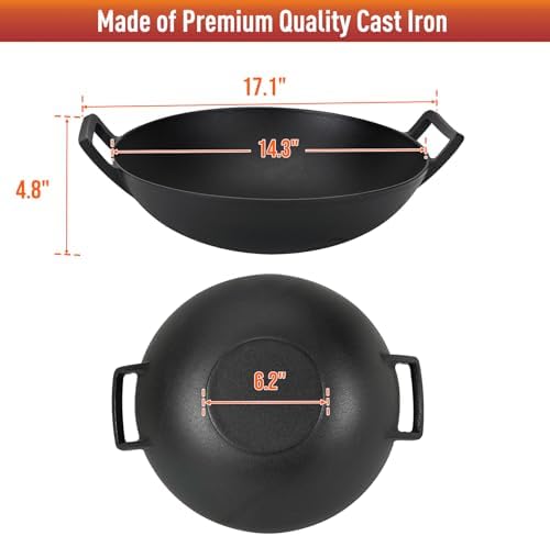 Charkettle 14" Cast Iron Wok with Handles, Compatible with Weber Gourmet BBQ System and Spirit II &Genesis II GS4 System, Pre-Seasoned Nonstick Cooking Wok Pan for Grill, Campfire, Rocket Stove - Thumbnail 5