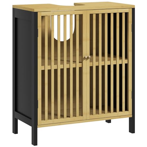 HOMCOM Meuble sous Vasque Meuble de Salle de Bain 2 Portes avec étagère réglable Armoire de Rangement pour lavabo 60 x 30 x 70 cm en Bambou Noir et Naturel