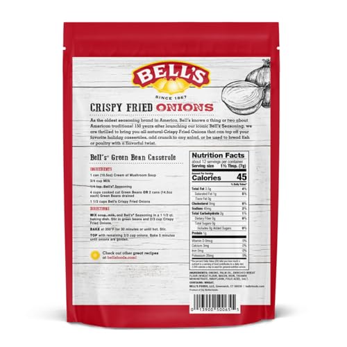 Image of Bell's Fresh Fried Onions - 6 oz Bag - Crispy & Flavorful Topping for Green Bean Casserole, Burgers, Salads & More - Classic New England Style - Resealable Bag