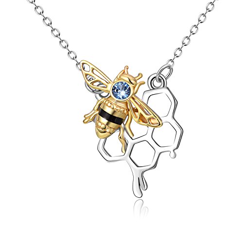 AOBOCO 925 Sterling Silver Honey Bumble Bee Necklace with Honeycomb, Fine Jewelry Gift for Women