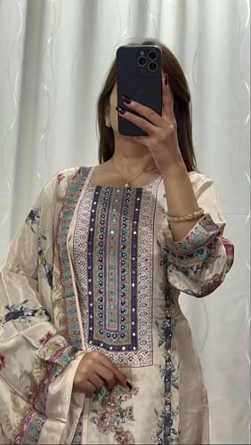 Image of Womens Pure Silk Full Sleeves Round Neck Kurti With Pants And Dupatta 3-Piece Ethnic Wear-Off
