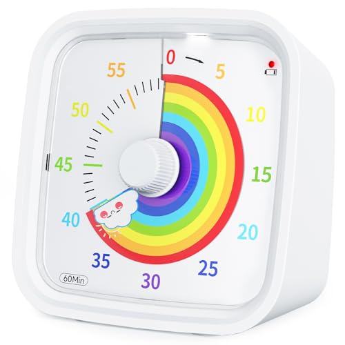 Yunbaoit Minuteur Visuel Arc-en-Ciel avec étui de Protection, Rainbow Timer Enfant Compte à Rebours de 60 Minutes Minuteur pour Enfants et Adultes(Blanc Arc-en-Ciel)