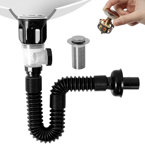 Dachiy Sifón Lavabo Flexible Kits, Manguera De Drenaje Flexible, Desague Lavabo Desagüe Antiolor Fregadero Desague Fregadero, Sifon Cocina Fregadero, Apto Para Baño, Extensible De 230-800 mm (Negro)