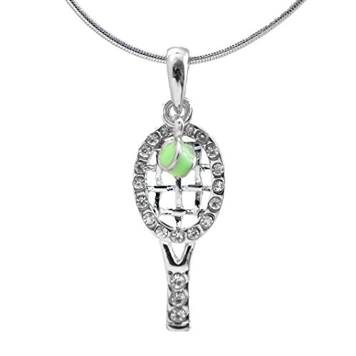 Spinningdaisy Silver Plated Tennis Racket with Hanging Green Ball Necklace