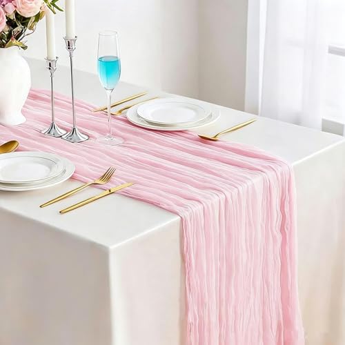 TuTive Light Pink Cheesecloth Table Runner 35 x 157 Inch Boho Gauze Table Runner for Wedding Reception Bridal Shower Birthday Party Rustic Wedding Arch, Dining Table, Holiday and Home Decor