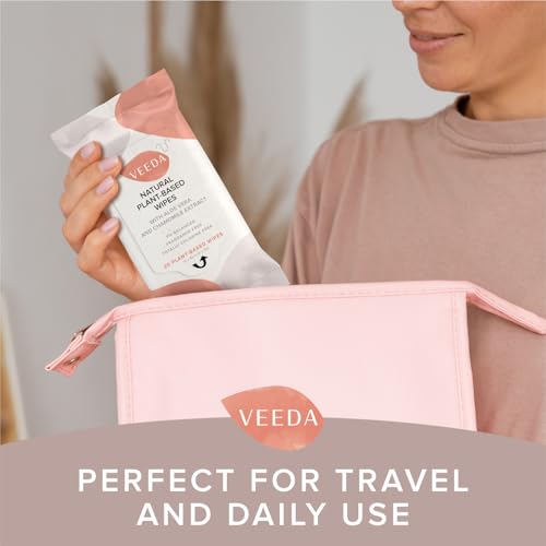 Image of Veeda Plant-Based Feminine Wipes - pH-Balanced, Hypoallergenic & Biodegradable Wipes for Sensitive Skin, Fragrance-Free Travel Sized Wipes - 120 Count (Pack of 4)