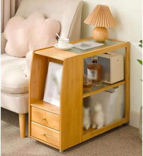 HJYBFA Mesa Auxiliar de bambú para sofá, Mesa Auxiliar Estrecha Moderna, Espacios pequeños, Sala de Estar, Dormitorio, Oficina, con 2 cajones y Estante Abierto, Tablero de Vid