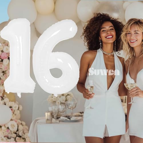 Image of SUWEN 40 Inch White Large 16 Balloon Number Big Foil Helium Numbers 0-9 | Giant Jumbo Happy 16th Birthday Party Decorations for Men or Women Huge Mylar 61 Anniversary Party Supplies