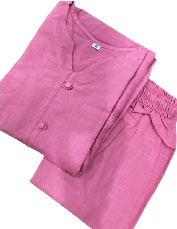 Trendy Cotton Slub Coord Set for Women | Pleated Buttoned A-Line Gown Style Kurta with Pant (IN, Alpha, M, Regular, Pink)