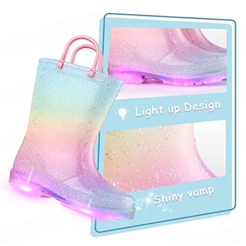 Euxterpa Kids Rain Boots, Children Waterproof Glitter Boots, Light Up Girls Rain Boots Little Kid Size 12 With Handles For 1-9 Year Old Child #TOP2