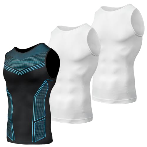 Odoland 3 Pack Men Compression Shirt, Tummy Control Slimming Undershirt Tank Top Men Body Shaper Line Blue/White/White Medium