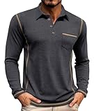 Elainone Herren Langarm Polo Shirt mit Brusttasche Atmungsaktives Stretch Golf Oberteil für Outdoor Casual & Business - Regular Fit Schwarz L