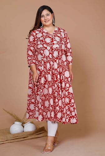 Image of Doriyaan Womens Plus Size Pure Cotton Floral Printed Anarkali Kurta
