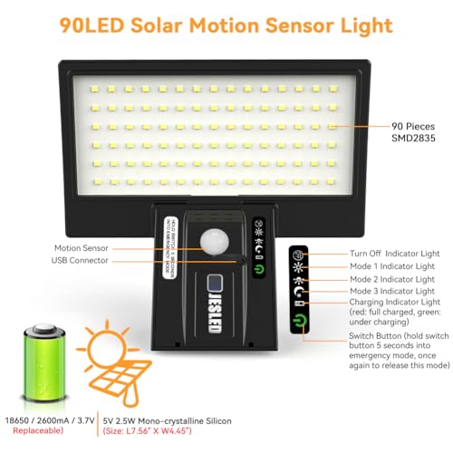 JESLED Solar Powered Lights Outdoor/Outside for Garden Fence Door Yard Pathway, 90 LED Solar Motion Sensor Security/Wall Lights Waterproof 2600mAh, USB Charging (1 Pack) - Image 2