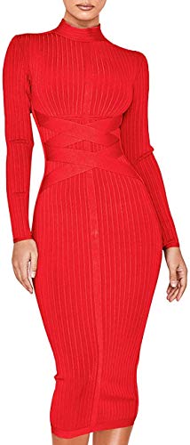 Meilun Robe moulante à manches longues rayonne pour femme - Rouge - Taille L Cover