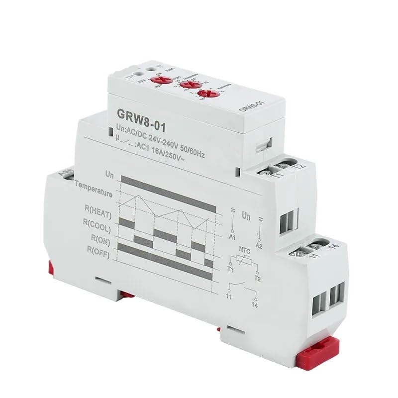 GRW8-01/02 Din Rail Temperature Control Relay 16A AC/DC24-240V NTC Sensor Heating & Cooling 1pcs(GRW8-01-2m Sensor)