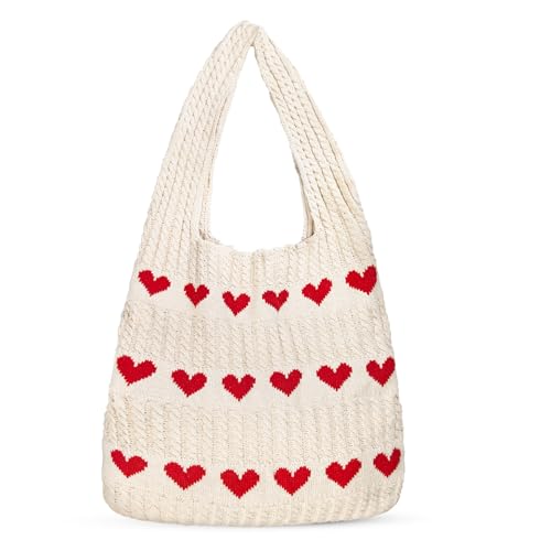 Oerphh Beige Strandtasche Damen Handtasche Gestrickte Tasche Herz Umhängetasche Shopper Tote Bag für Damen, Shopper Tasche für...