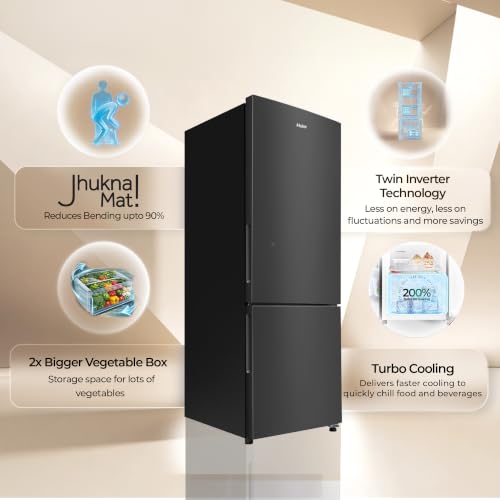 Image of Haier 237 L 2 Star Frost Free Twin Inverter Double Door Bottom Mount Refrigerator with Extra Spacious 2X Veg Box (HEB-242EGBA-P, GE Black, 2026 Model)