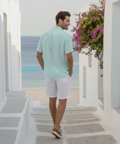 Image of VastraVibes Premium Cotton Linen Shirt for Men | Half Sleeve Slim Fit Casual Shirts | Lightweight Beach Wear & Festive Outfits | Trending Pastel Colors
